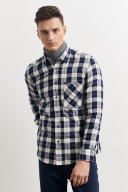 AC&Co Altınyıldız Classics Men's Navy Blue-Beige Slim Fit Slim Fit Buttoned Collar 100% Cotton Plaid Lumberjack Shirt