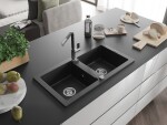 MEXEN/S - Mario granitový dřez 2-bowl včetně baterie Flora, černá/stříbrná metalik 6504-73-670401-07