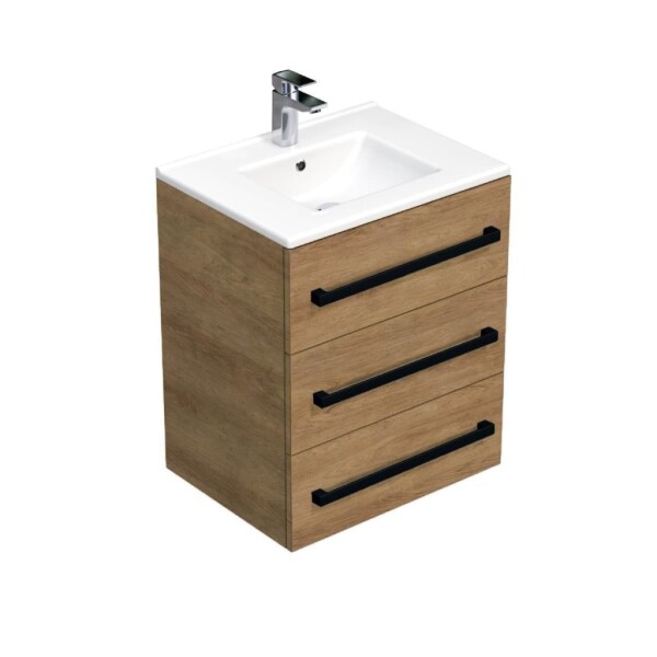 Koupelnová skříňka s černou úchytkou a umyvadlem SAT Cube Way 60x76,5x46 cm dub Hickory mat CUBE46C603DHMOD CUBE46C603DHMOD