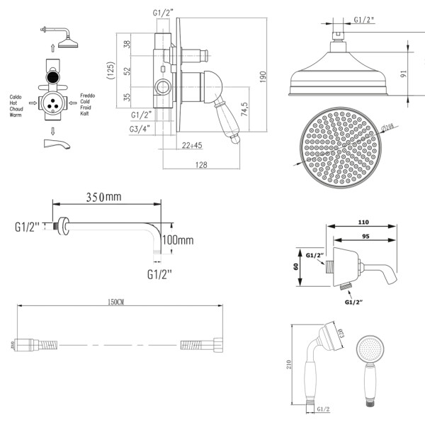 SAPHO - KIRKÉ WHITE podomítkový sprchový set s pákovou baterií, 2 výstupy, bílá páčka, chrom KI42BC-01