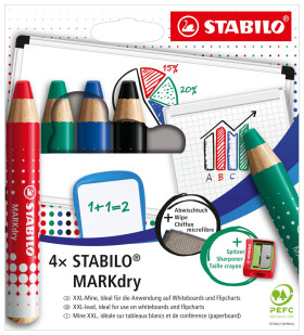 Suchý popisovač na tabuli a flipchart STABILO MARKdry - sada 4 ks s ořezávátkem a hadříkem