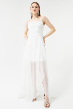 Lafaba Dámské bílé hrudi přehozené volánkové třpytivé večerní šaty