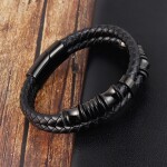 Pánský náramek Nataniel Black, chirurgická ocel, kůže, Černá 25 cm