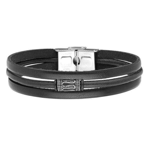 Pánský náramek Ephen Black z pravé kůže a chirurgické oceli, Černá 21 cm