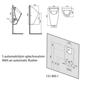 Bruckner - SCHWARN urinál s automatickým splachovačem 6V DC, zadní přívod, zadní odpad, černá matná 201.722.6