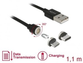 Delock Magnetický USB datový a napájecí kabelový set pro Micro USB USB Type-C 1.1 m černá (85723-D)