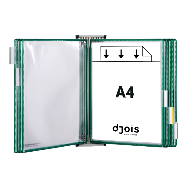 Djois nástěnný kovový držák s rámečky, 10 rámečků s kapsami A4 na výšku, zelené, 1 set