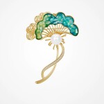 Brož ve tvaru listu ginkgo s perlou a zirkony, Zlatá Bílá