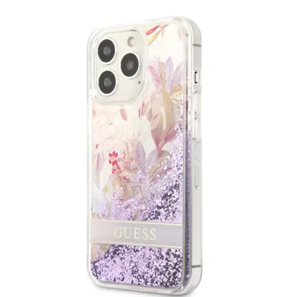 Pouzdro Guess Liquid Glitter Flower iPhone 13 Pro Purple