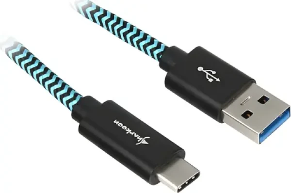 Sharkoon Alu Braid černá, světle modrá / Nabíjecí a datový kabel / USB-A - USB-C / USB 3.2 Gen 2 10Gb/s / 0,5 m (4044951027118)