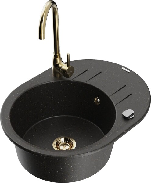 MEXEN/S - Kevin granitový dřez s odkapávačem včetně baterie Telma, černá/zlatá metalik 6517-75-670200-50
