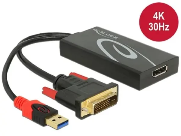 Delock Kabel DVI-D + USB (M) na DisplayPort 1.2 (F) černá / 0,3 m / 4K 3840×2160 / HDCP (62596)