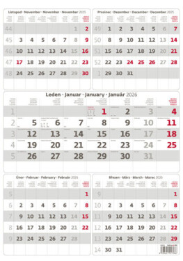 Kalendář nástěnný 2026 - Pětiměsíční šedý