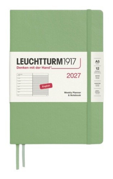 Týdenní plánovač & Zápisník Sage, Medium A5 2027, anglicky