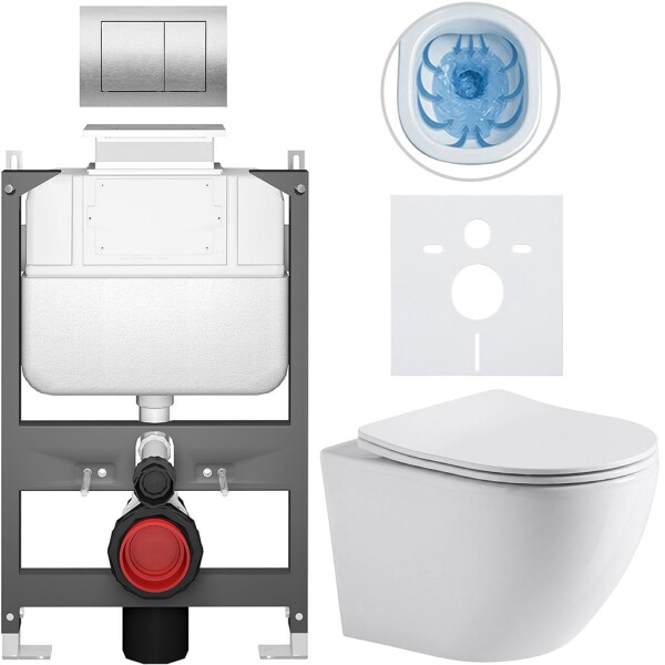 CERANO Kompletní WC set Basic/Cesso - bílá lesklá - WC tlačítko Maxio/Stříbrná - ovládání shora - předstěnová instalace - 49x36 cm - 8050BD85950