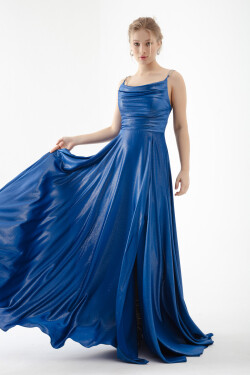 Lafaba Women's Blue Stone Strap Draped Flared Cut Long Evening Dress