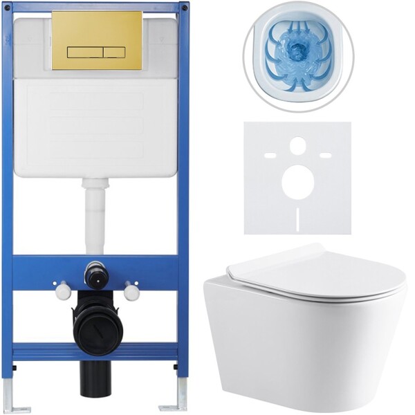 CERANO Kompletní podomítkový WC set Lite/Carlito - bílá lesklá - WC tlačítko Slim, zlatá - předstěnová instalace/sádrokarton - 48,5x36,5 cm
