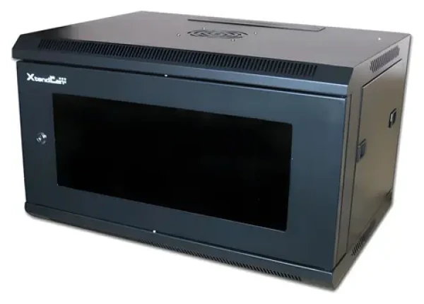 XtendLan Nástěnný rozvaděč 6U 600x450mm černá / Rozvaděč / Skleněné dveře / Jednodílný, rozložený (WS-6U-64-BLACK-U-P)