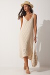 Happiness İstanbul Women's Cream Strap V-Neck Openwork Summer Knitwear Dress