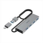 Hama USB hub šedá / 4 porty / USB 3.2 / 5 Gb/s / USB-C adaptér / síťový zdroj (200138)