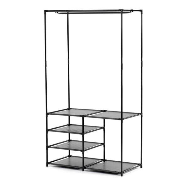Stojan na šaty dvouramenný se čtyřmi policemi, černá barva, kov / plast, chrom