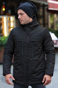 D1fference Pánský černý fleecový zimní kabát parka kapucí