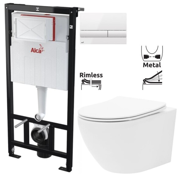 ALCADRAIN Sádromodul - předstěnový instalační systém s bílým tlačítkem M1710 + WC REA Carlo Flat Mini Rimless + SEDÁTKO AM101/1120 M1710 CF1