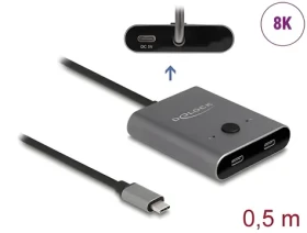 Delock USB-C Switch 2:1 šedá / Přepínač / bidirekcionální / 10 Gbps / 8K 144Hz / PD 100W (11500)
