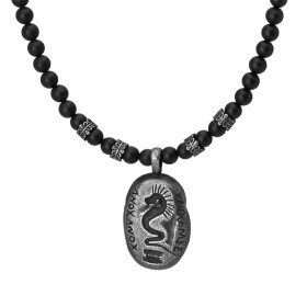 Korálkový náhrdelník Neptuno - 6 mm matný onyx, medailon s hadem, Černá 55 cm