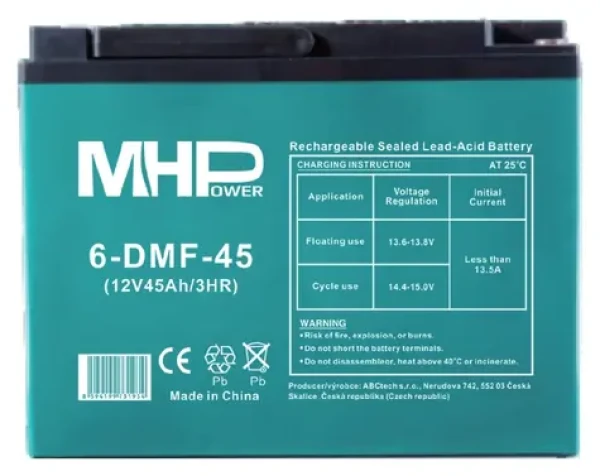 Carspa MHPower 6-DMF-45 / Gelový akumulátor / VRLA GEL / 12V/45Ah / Deep Cycle / Terminál D3-M6 (6-DMF-45)