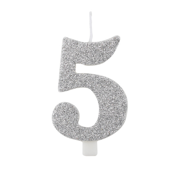 Svíčka číslo 5 stříbrná s glitrem Svíčka číslo 5 stříbrná s glitrem