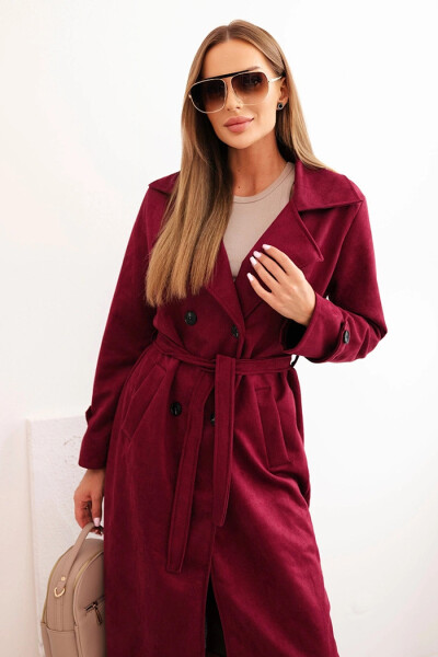 Dámský semišový plášť v pase vázaný s límcem a knoflíky bordový UNI
