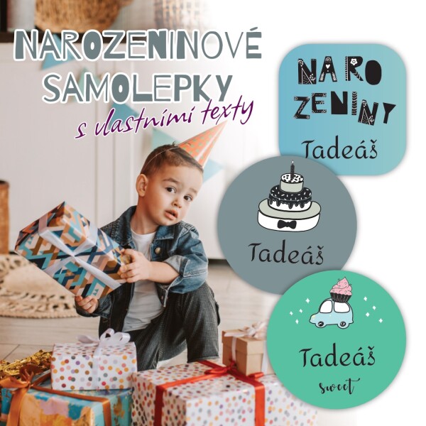 NAROZENINOVÉ jmenovky na dárky 15ks, mnoho variant, vlastní texty