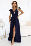 660-1 Elegantní maxi šaty s volánky, hlubokým výstřihem a rozparkem na nohou - tmavě modré XL