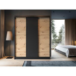 Šatní skříň Esville III Barva korpusu: Černá, Rozměry: 180 cm, Dveře: Dub artisan + zrcadlo