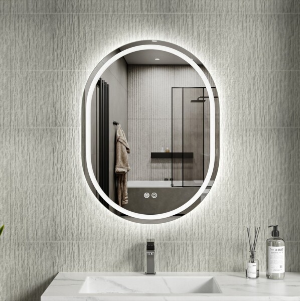 Erga Lyra, oválné LED zrcadlo 60x80cm, 3 barvy světla, přední a zadní osvětlení, vyhřívací podložka proti zapaření, ERG-V01-LYRA-6080-CL