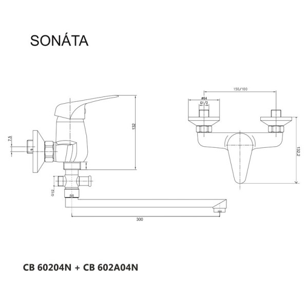 MEREO - Nástěnná baterie do byt. jádra, Sonáta, 150 mm, s plochým ramínkem 300 mm, bez příslušentví, chrom CB60204N