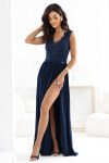 215-6 LEA dlouhé elegantní maxi šaty s krajkovým vrškem a rozparkem na nohou - tmavě modré S