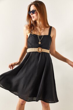 Olalook Dámské černé páskové boční zip Mini lněné rozšířené šaty