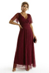 635-5 MELANIA dlouhé lesklé šaty s výstřihem a krátkými rukávy - vínové UNI