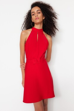 Trendyol Red Belted A-Cut Mini tkané šaty vysokým límcem