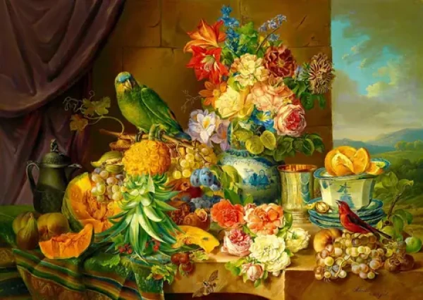 ENJOY Puzzle Josef Schuster: Zátiší s květinami, ovocem a papouškem