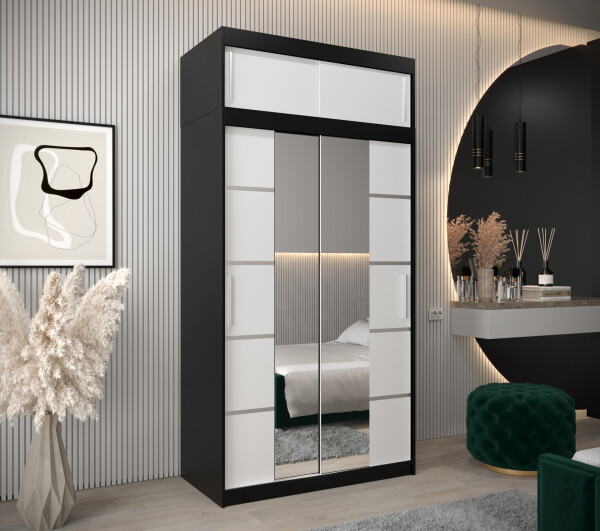 Šatní skříň Abi V4 s nástavcem Barva korpusu: Černá, Rozměry: 120 cm, Dveře: Bílá