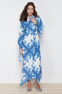 Trendyol modré šaty asymetrickým vzorem šálu, detailně vázané, tkané šaty