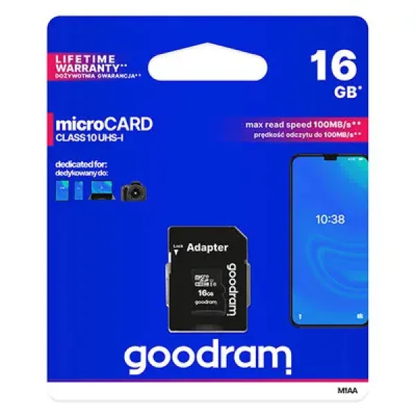 Rozbaleno - GOODRAM microSDHC 16GB + adaptér / Class 10 / UHS-I U1 / R: 100 MBs / W:10 MBs / rozbaleno (M1AA-0160R12.rozbaleno)