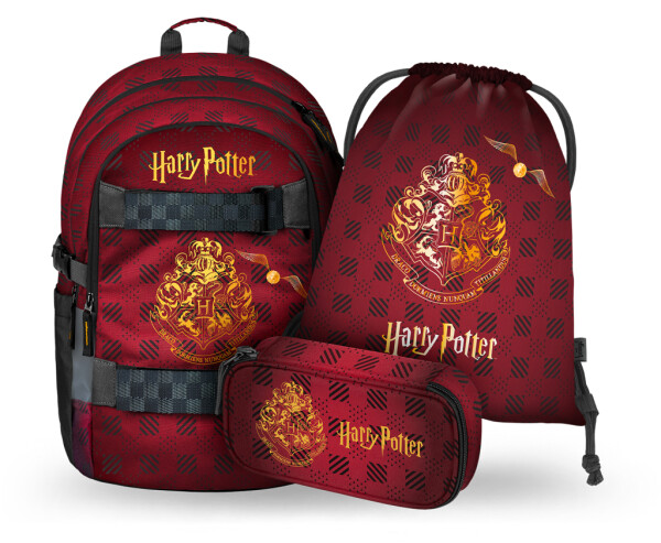 Školní batohový 3-dílný set BAAGL SKATE - Harry Potter Bradavice vínový (batoh, penál, sáček)