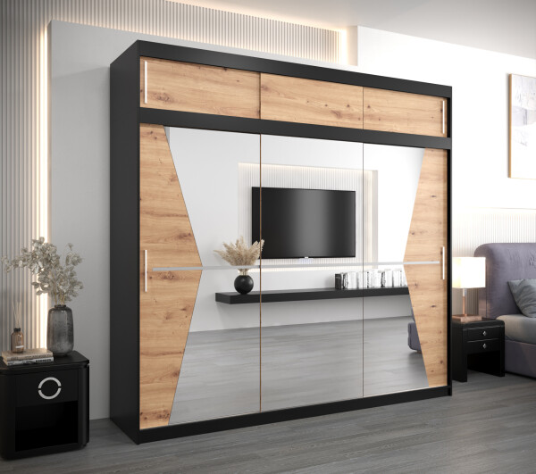 Šatní skříň Abi Ma s nástavcem Barva korpusu: Černá, Rozměry: 250 cm, Dveře: Dub artisan