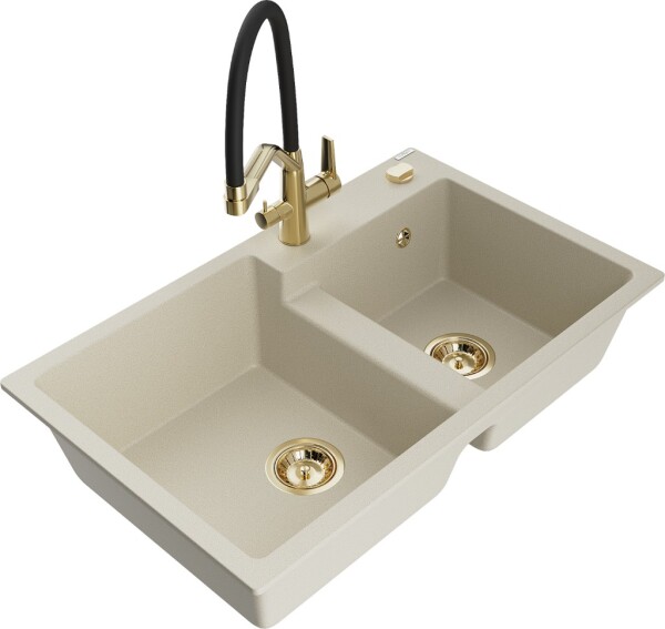 MEXEN/S - Tomas granitový dřez 2-bowly včetně baterie Duo, béžová 6516-69-671701-57-G