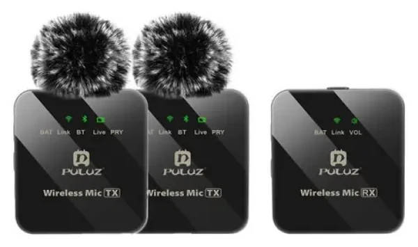 Puluz PU3154B / Bezdrátový klopový mikrofon / 2 vysílače + 1 přijímač / Bluetooth / dosah 10 m (PU3154B)