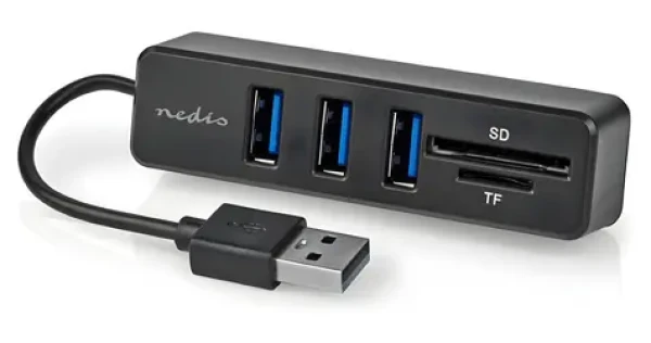Nedis USB Hub 3 porty černá / USB hub / 3x USB-A / Čtečka SD, microSD / Napájení z USB (CCGB60250BK01)